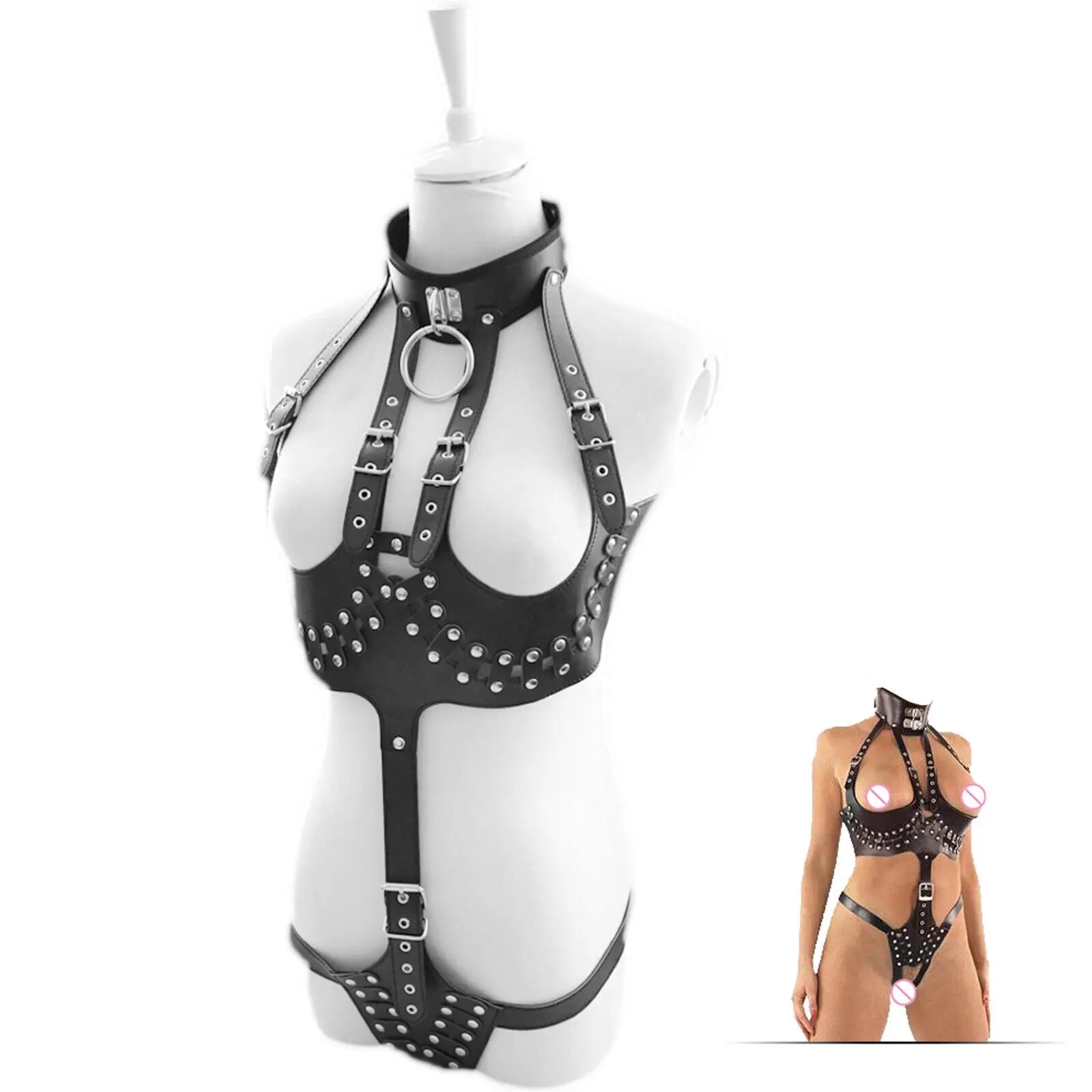 Women's Lingerie Set - Black Leather Dress With Sex Toys - Leather Suit Flirting