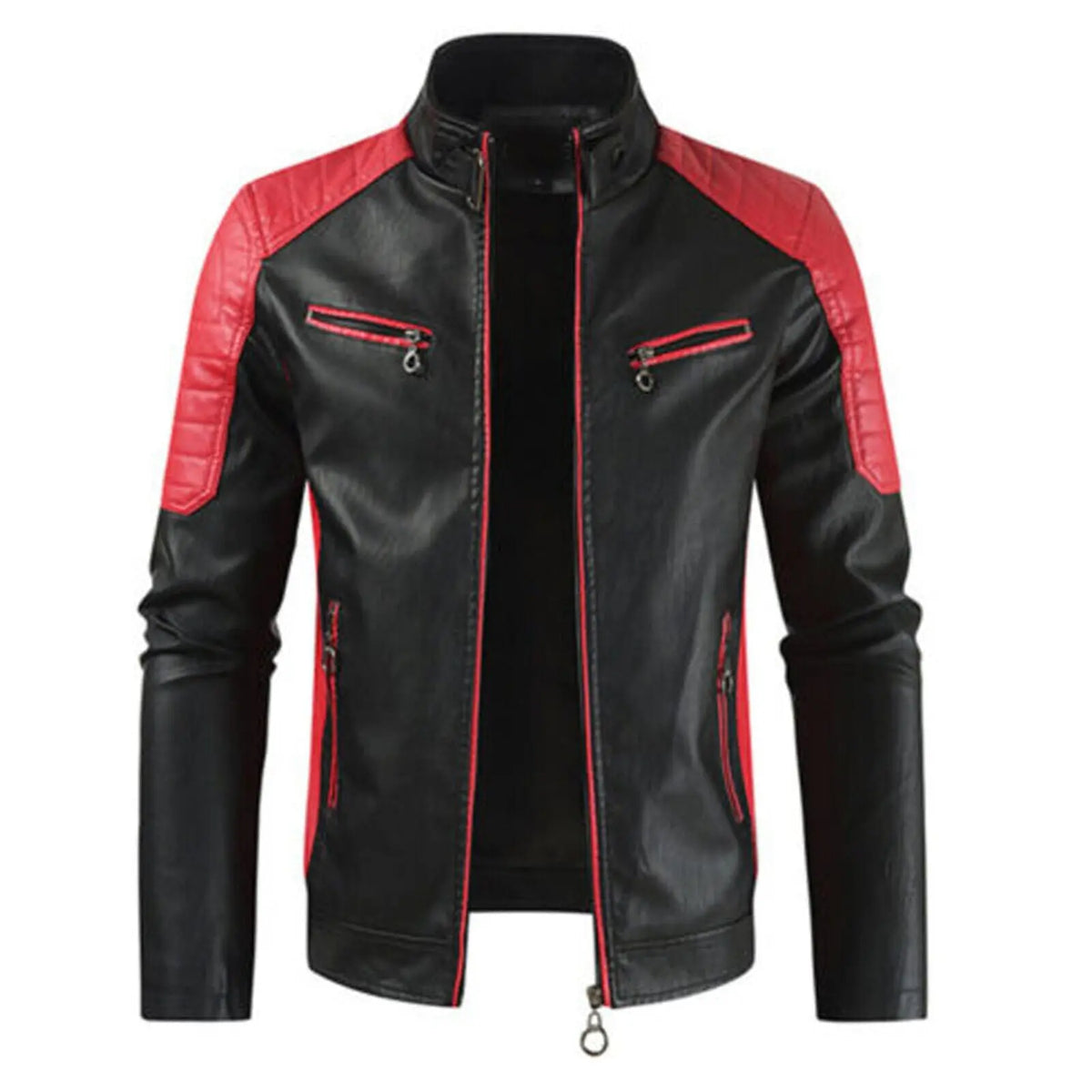 Men’s Stand Collar Biker Motorcycle Jacket in Black & Red Sheepskin Leather Zip-Up Slim Fit Jacket – Premium Riding Outerwear