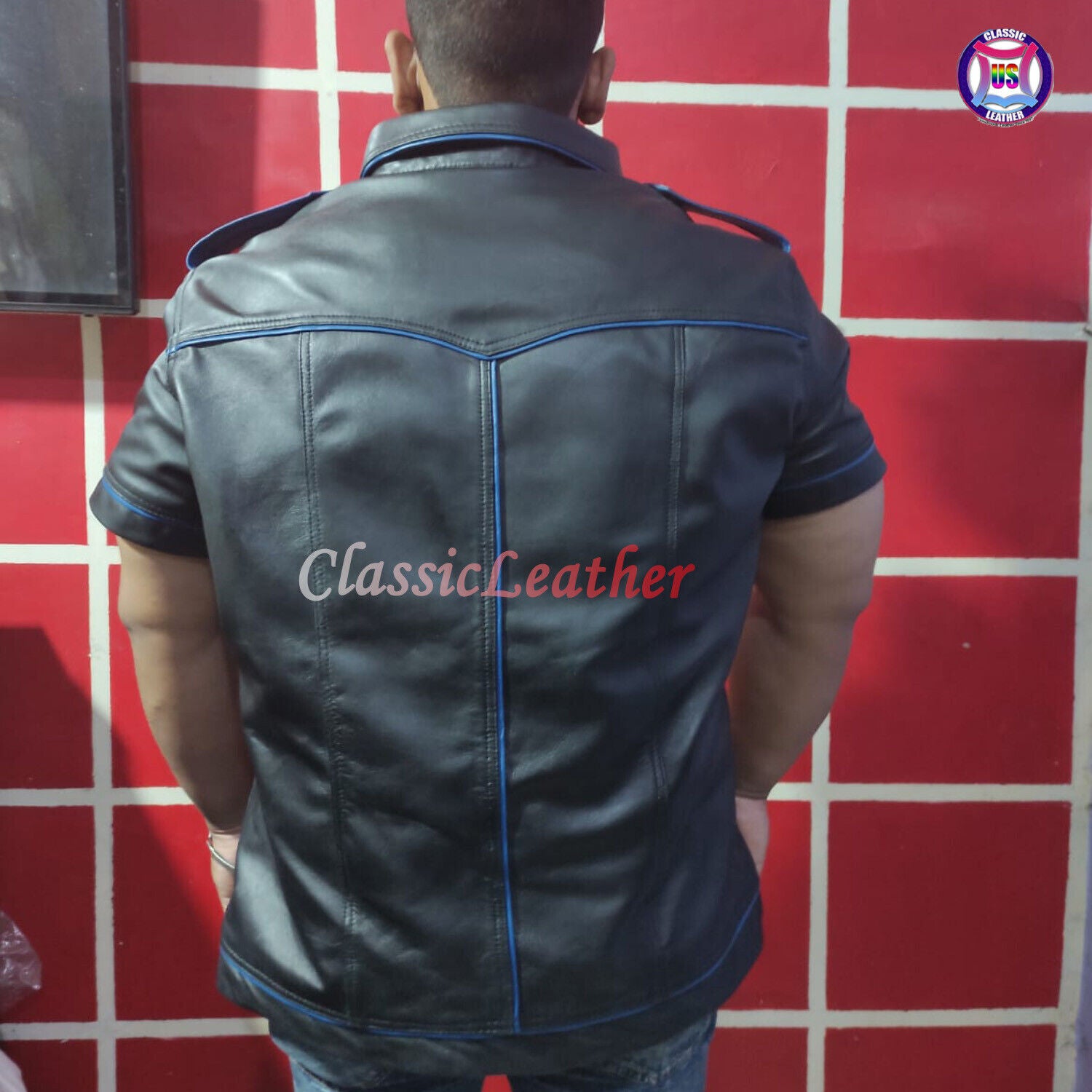 Gay Club Leather Shirt Black Shirt & Blue Pippin T-Shirt Clubwear Casual Jacket