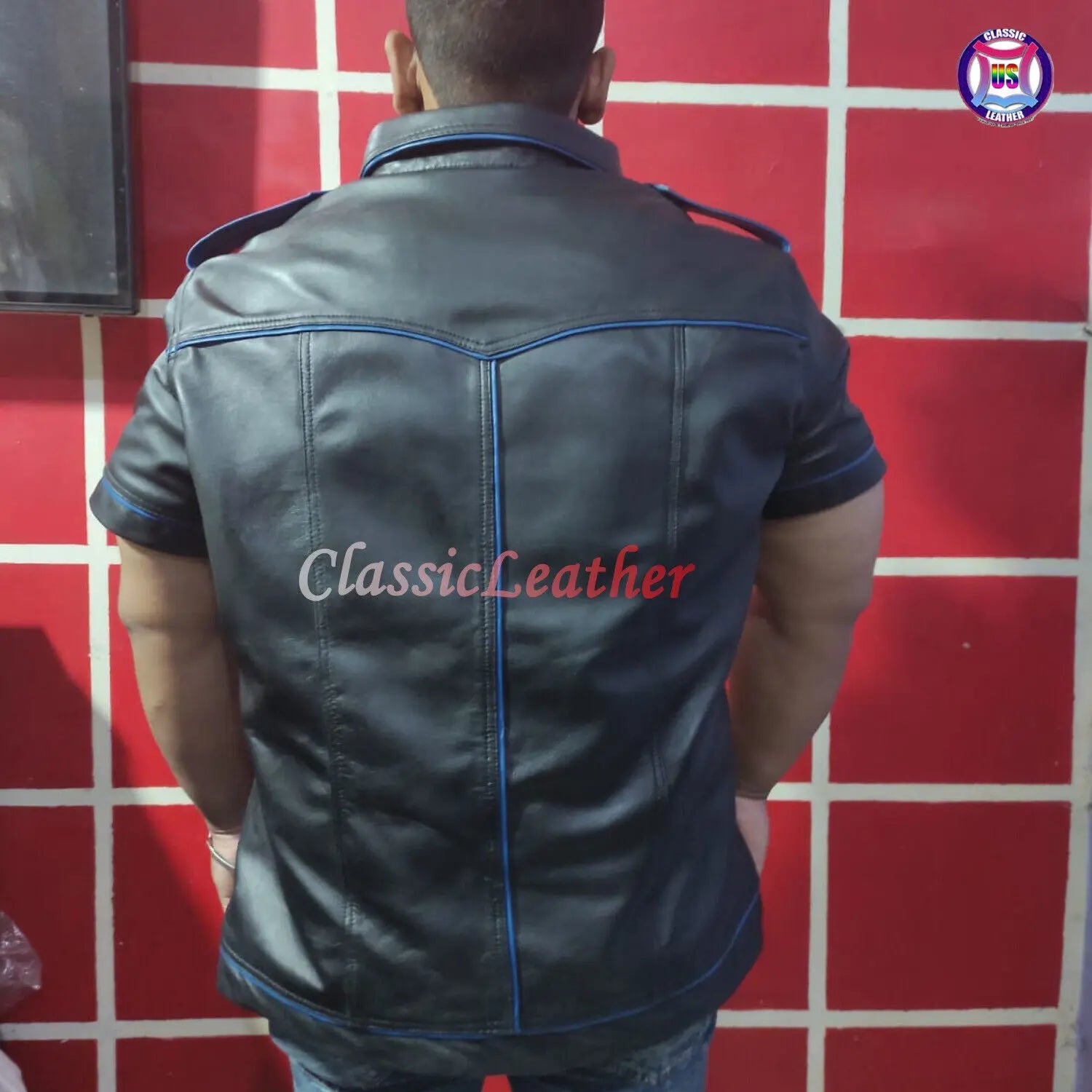Gay Club Leather Shirt Black Shirt & Blue Pippin T-Shirt Clubwear Casual Jacket