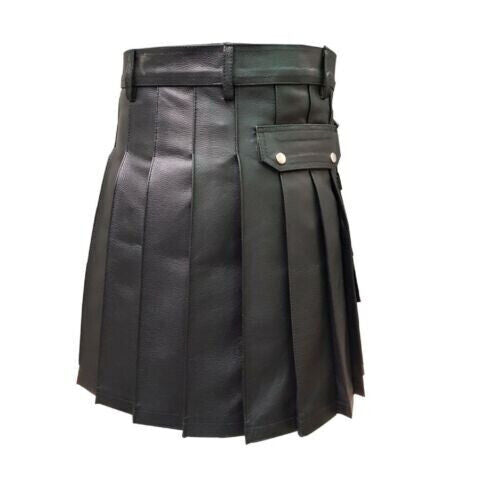 Men Genuine Black Cow Leather Gladiator Kilt Pleated Utility LARP Costume