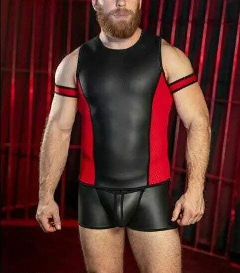 Men's Red & Black Tank Top - Masculine Zipper Top And Leather Shorts