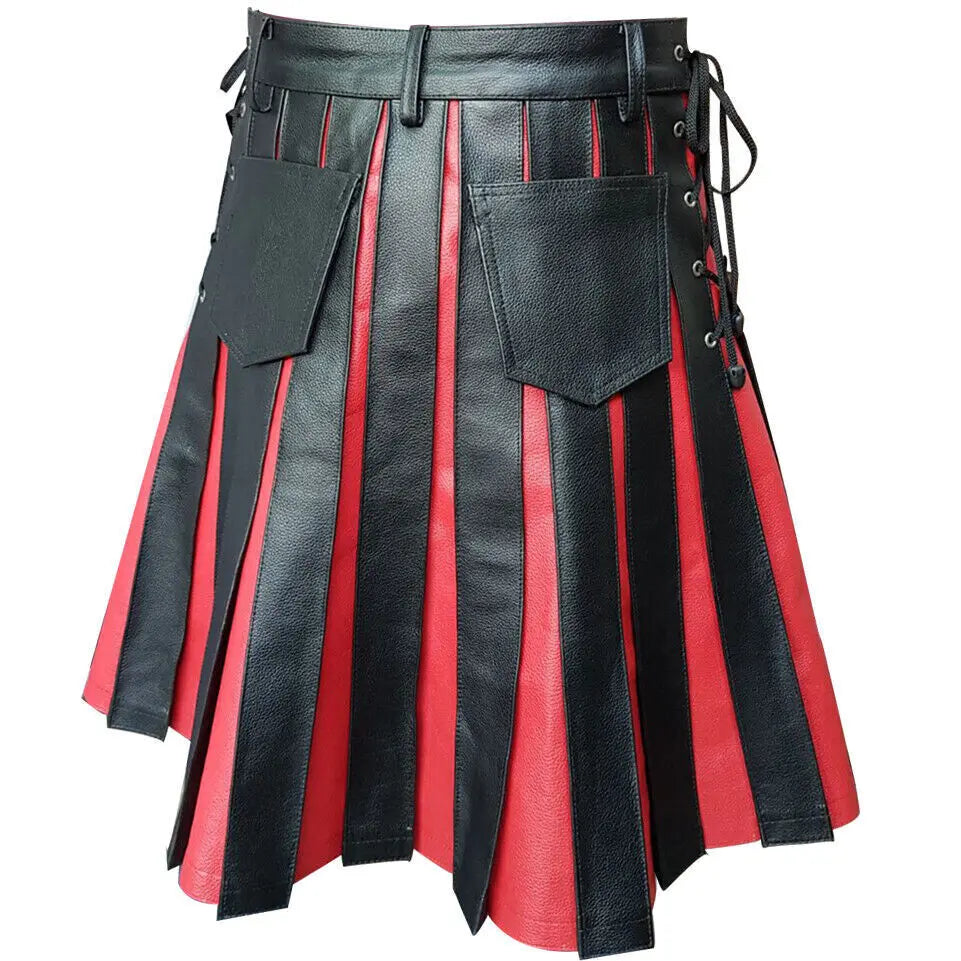 Men's Black & Red Leather Kilt - Gladiator Pleated Utility Flat Front Pocket Wrap