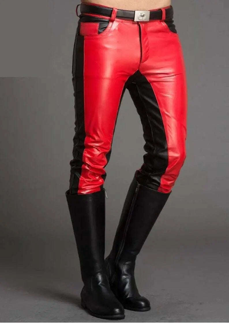Menโs Real Leather Biker Pants 5-Pocket Levi's Jeans Style Red Accent Motorcycle Trousers โ Premium Casual Riding Wear
