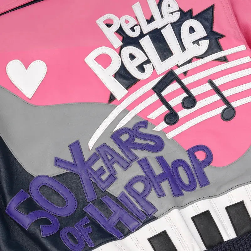 Retro Pink & Navy Music-Themed Cowhide Leather Jacket for Women – Limited Edition Pelle Pelle Style - Leather taboo