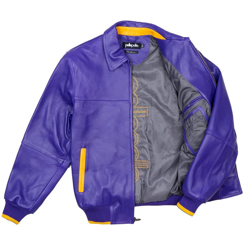 Men’s Purple Pelle Pelle Leather Jacket – Premium Cowhide with Yellow “PP” Embroidery