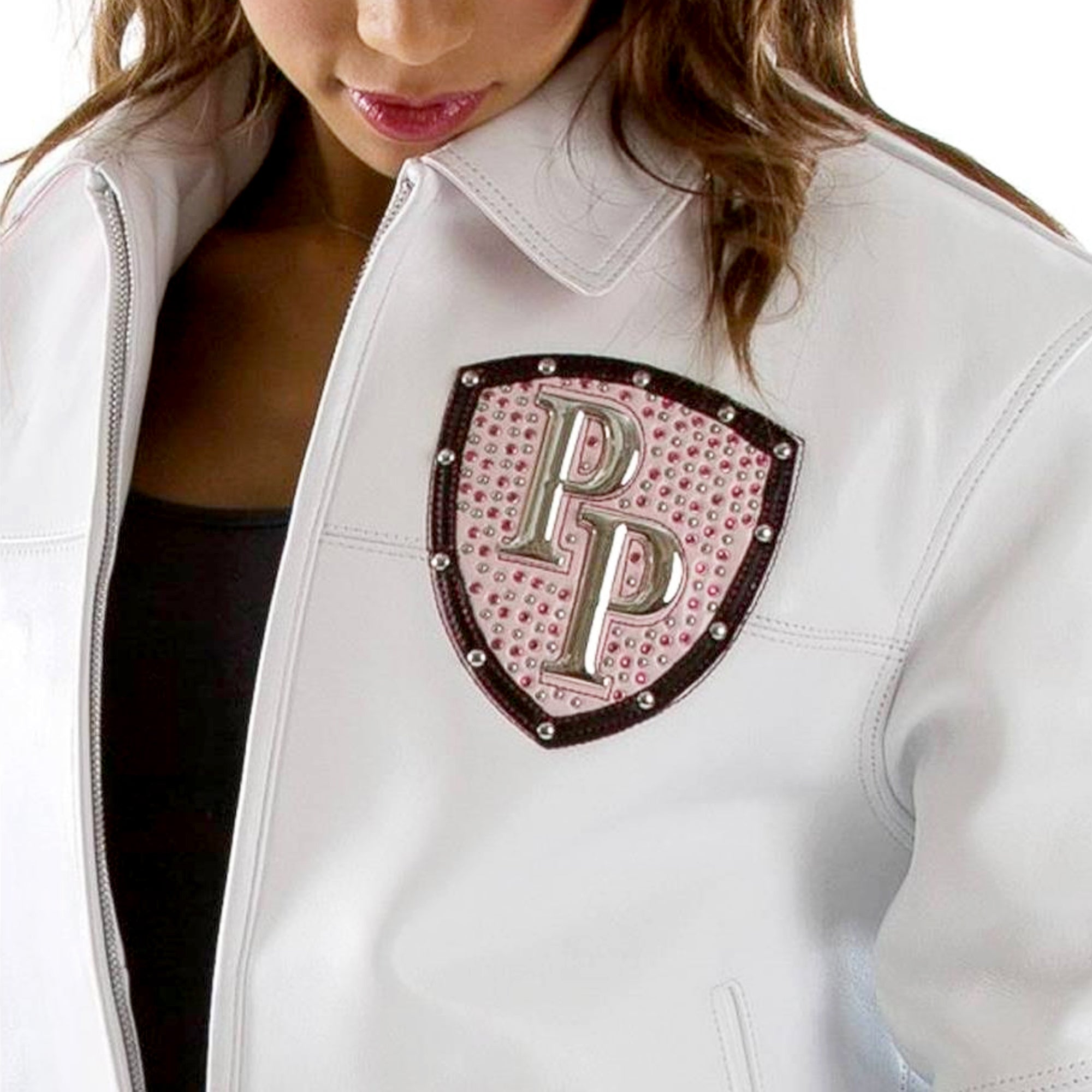 Women's White Pelle Pelle Pink Studded PP Shield Jacket – Premium Cowhide Leather
