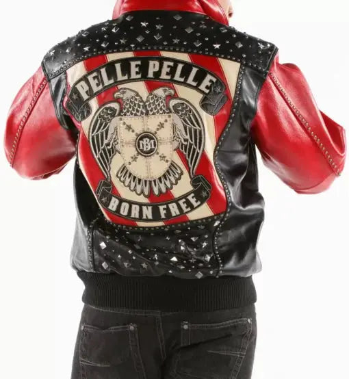Pelle Pelle Born Free Studded Eagle Black And Red Leather Jacket