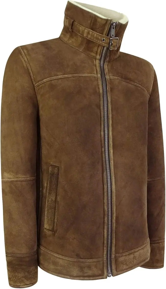 Mens Real Sherling Sheepskin Suede Jacket Brown Tan Vintage Zip Flying Pilot WW2 - Leather taboo