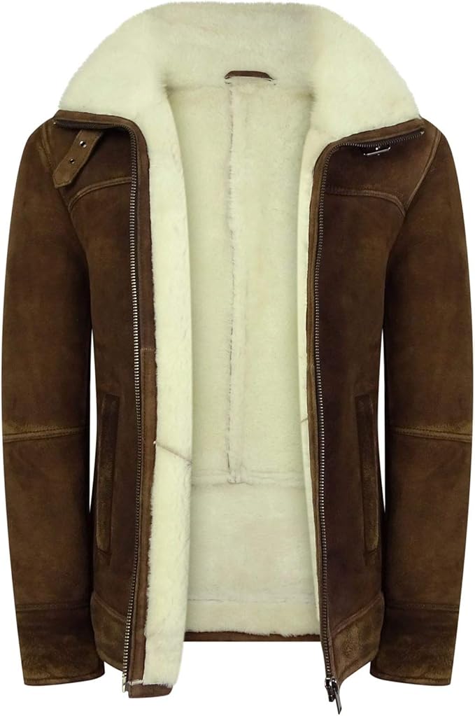 Mens Real Sherling Sheepskin Suede Jacket Brown Tan Vintage Zip Flying Pilot WW2 - Leather taboo
