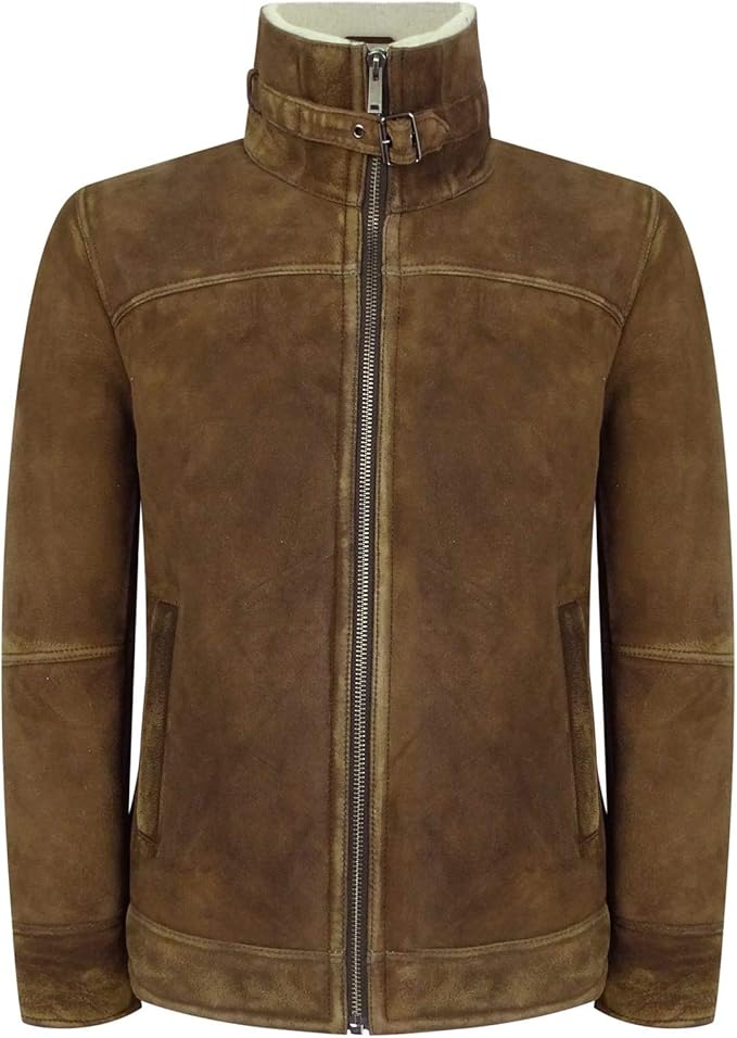Mens Real Sherling Sheepskin Suede Jacket Brown Tan Vintage Zip Flying Pilot WW2 - Leather taboo