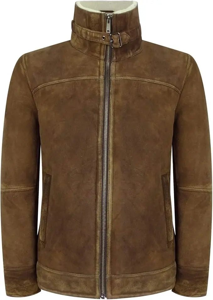 Mens Real Sherling Sheepskin Suede Jacket Brown Tan Vintage Zip Flying Pilot WW2 - Leather taboo