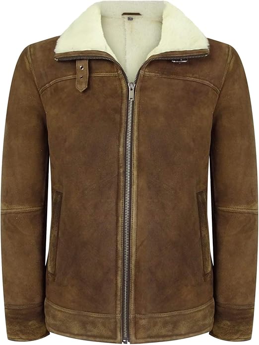Mens Real Sherling Sheepskin Suede Jacket Brown Tan Vintage Zip Flying Pilot WW2 - Leather taboo