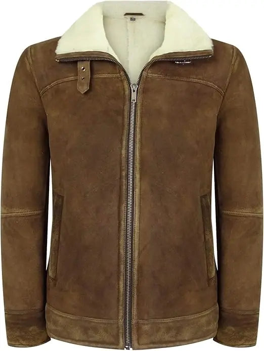 Mens Real Sherling Sheepskin Suede Jacket Brown Tan Vintage Zip Flying Pilot WW2 - Leather taboo