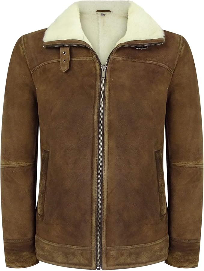 Mens Real Sherling Sheepskin Suede Jacket Brown Tan Vintage Zip Flying Pilot WW2 - Leather taboo