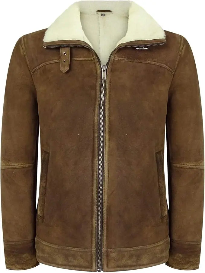 Mens Real Sherling Sheepskin Suede Jacket Brown Tan Vintage Zip Flying Pilot WW2 - Leather taboo