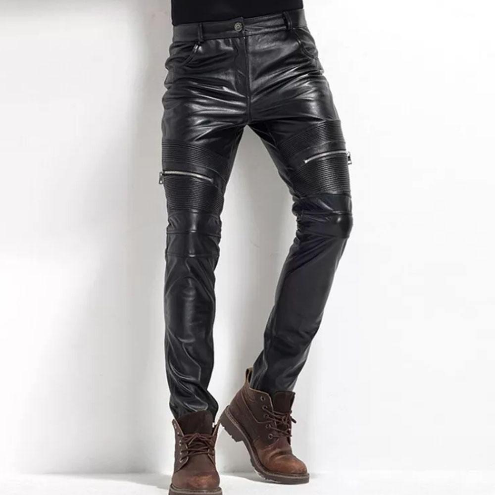 Menโs Black Leather Motorcycle Pants (Cafe Racer Skinny Biker Style)