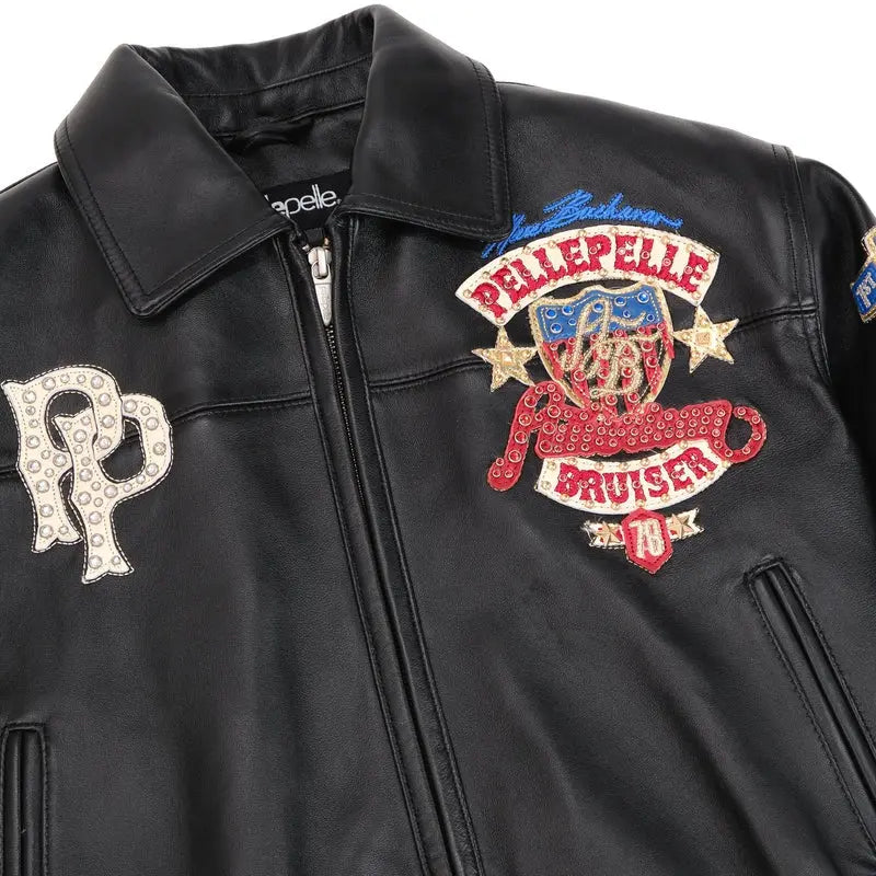 Black Embroidered Bomber Jacket for Women – Premium Cowhide Leather with Pelle Pelle Style Badges & Street Patchwork - Leather taboo