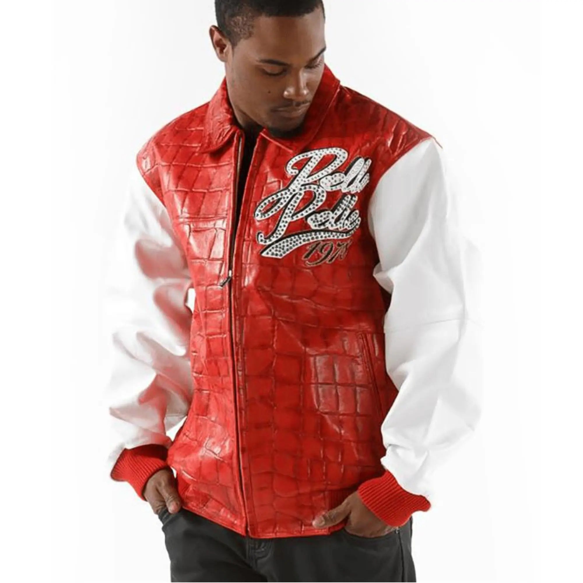Premium Pelle Pelle Menโs Cowhide Leather Jacket | Red Croc Pattern Front with White Sleeves and Bold Logo Design - Leather taboo
