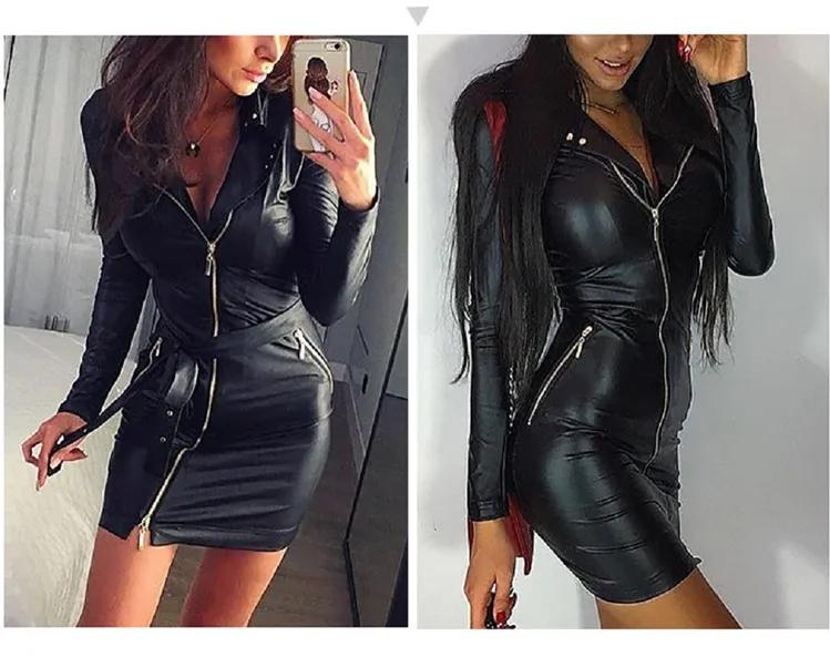 Women's Notched Neckline Leather Bodycon - Outdoor Slim Fit Dress
