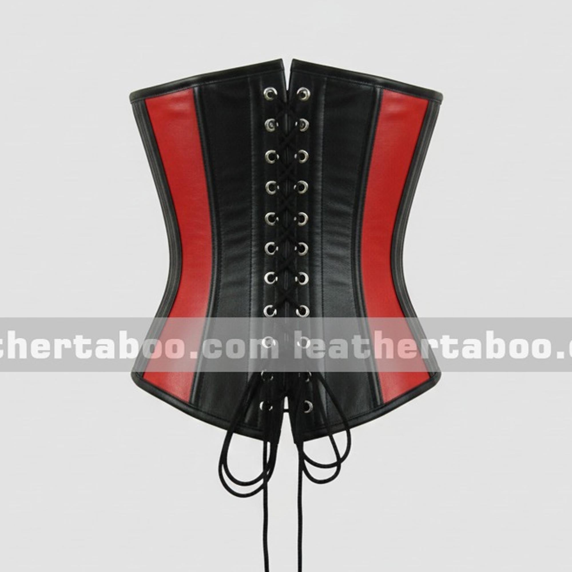 Black Leather Corset Top with Red Embroidered Detail | Handmade Structured Leather Fashion Top leathertaboo.com