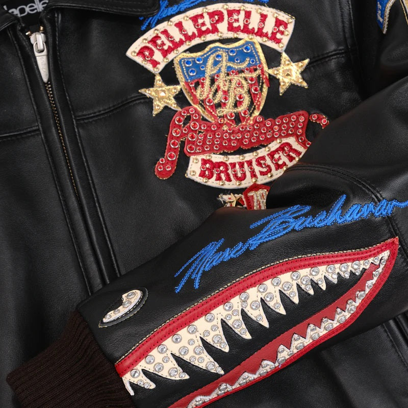 Black Embroidered Bomber Jacket for Women – Premium Cowhide Leather with Pelle Pelle Style Badges & Street Patchwork