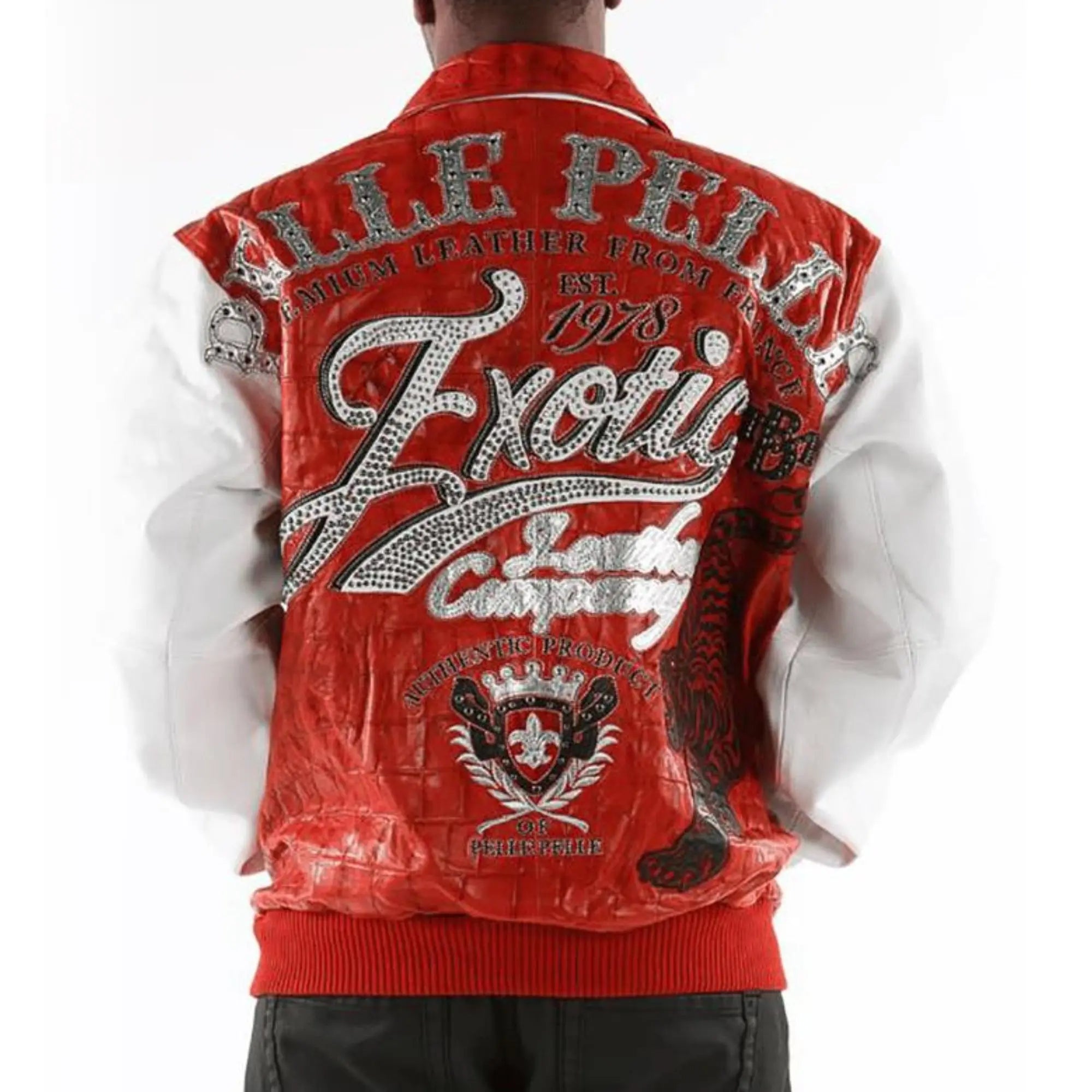 Premium Pelle Pelle Menโs Cowhide Leather Jacket | Red Croc Pattern Front with White Sleeves and Bold Logo Design - Leather taboo