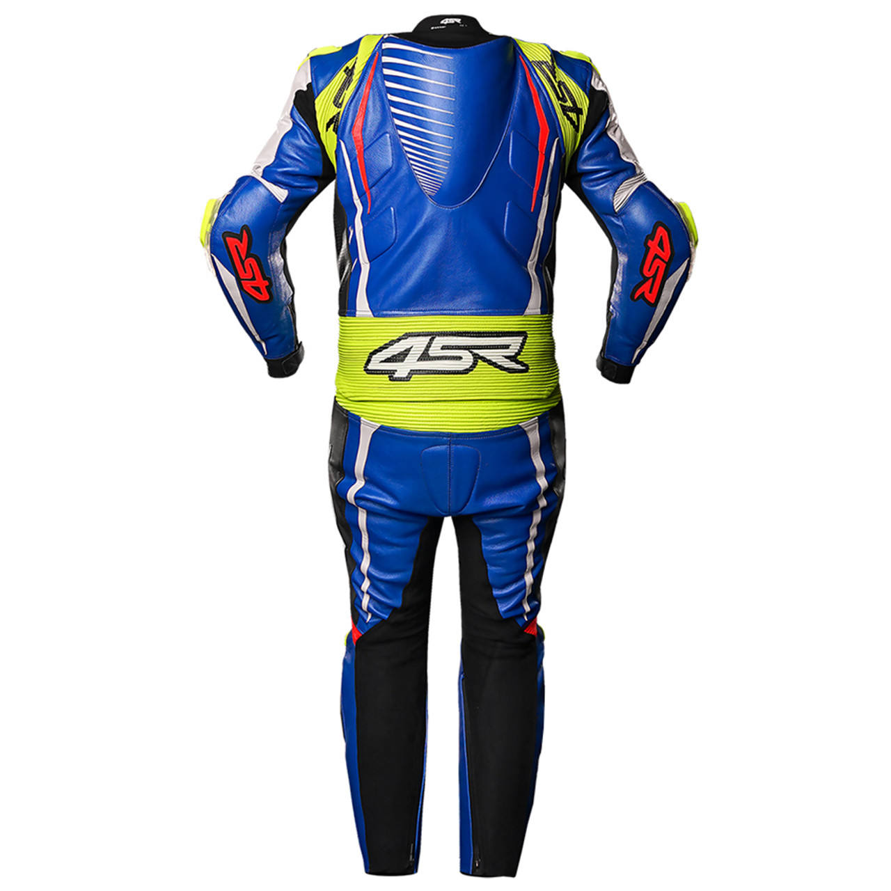 Back view of blue genuine leather motorcycle racing suit showing aerodynamic hump, stretch waist panel and reinforced riding zones