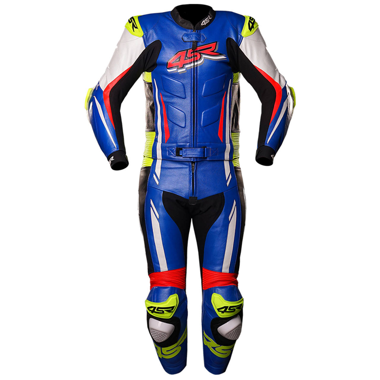 Front view of blue one-piece cowhide motorcycle racing suit with white, red and neon yellow panels and external knee sliders.