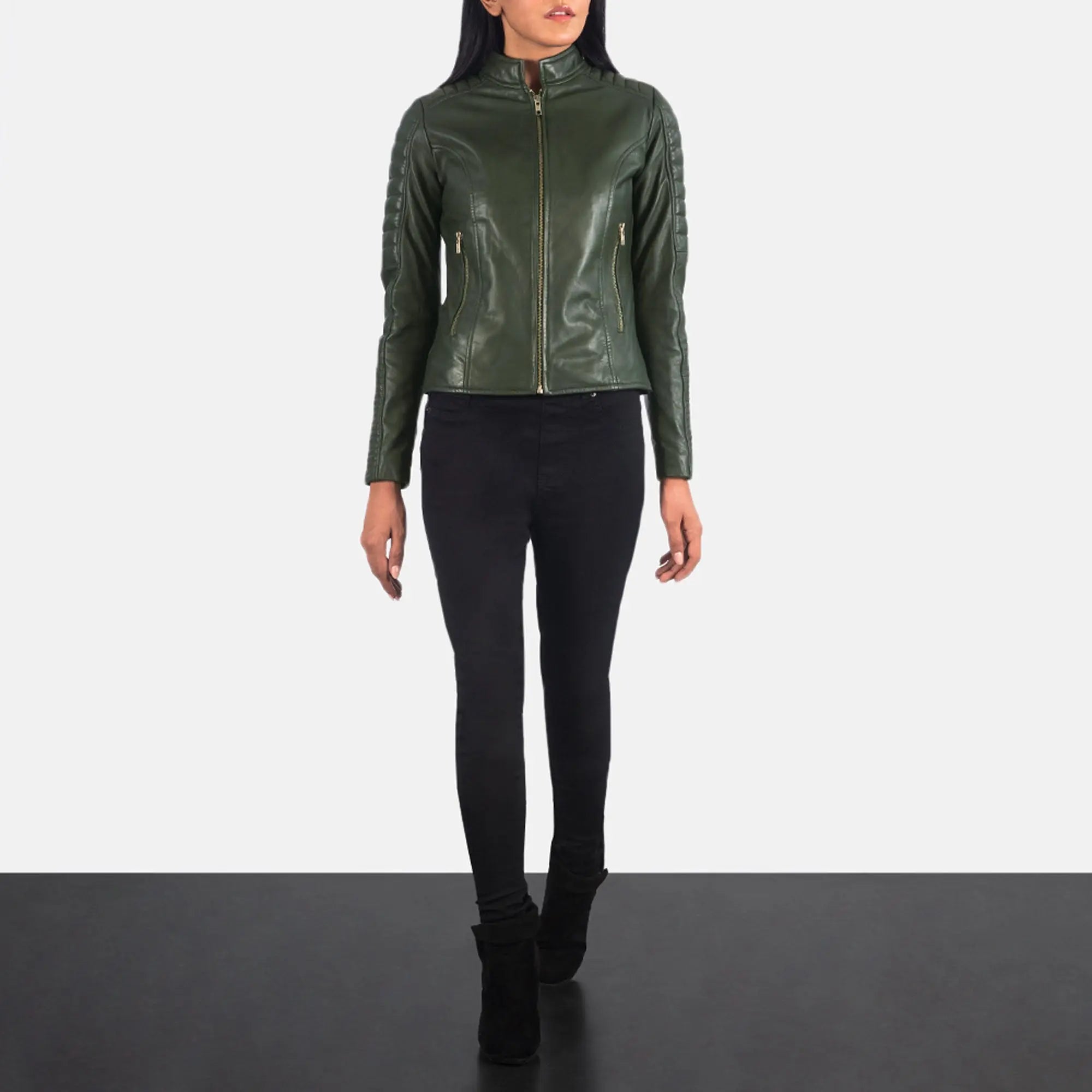 Adalyn quilted green leather biker jacket front view