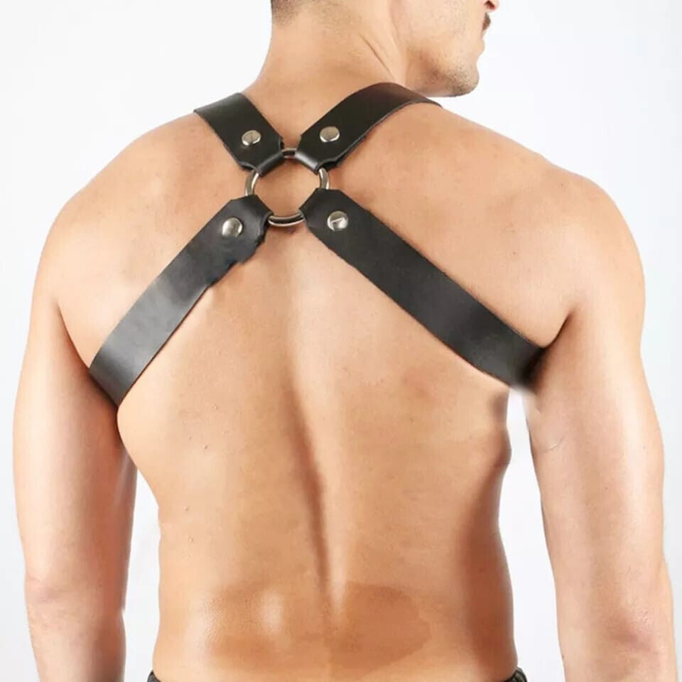 Adjustable leather chest harness men black fashion accessory
