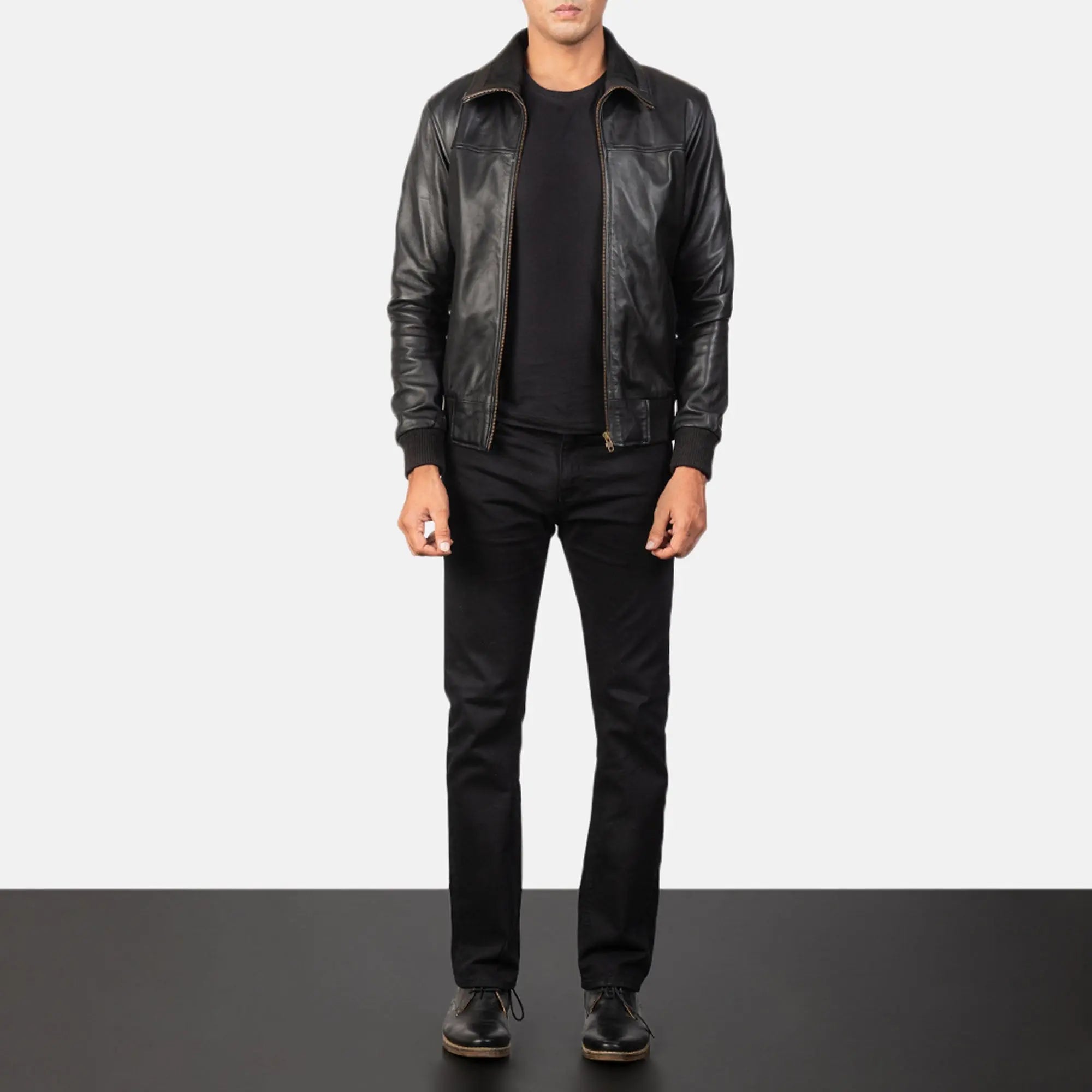 Air Rolf black leather bomber jacket front street style