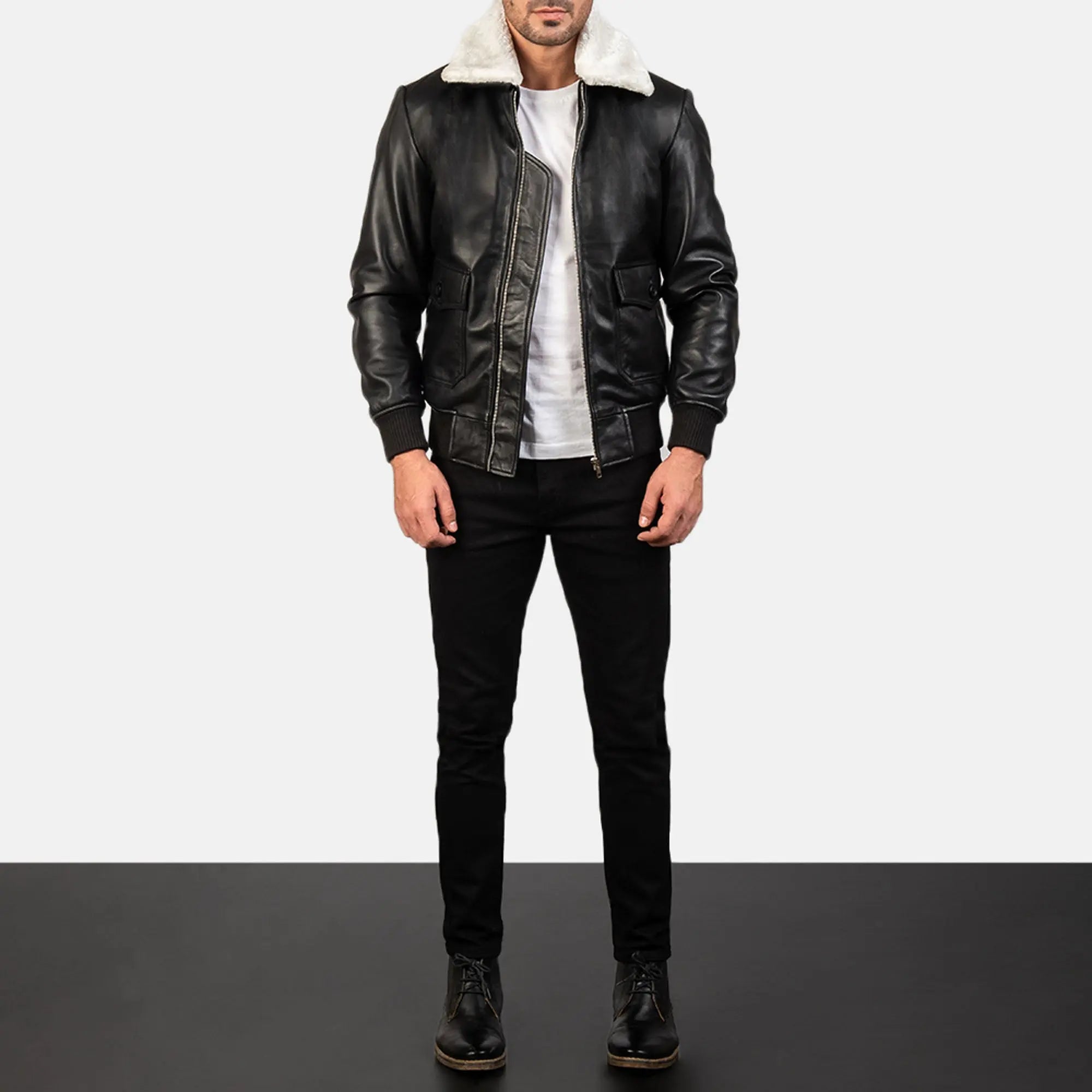 Airin G-1 black and white leather bomber jacket front view