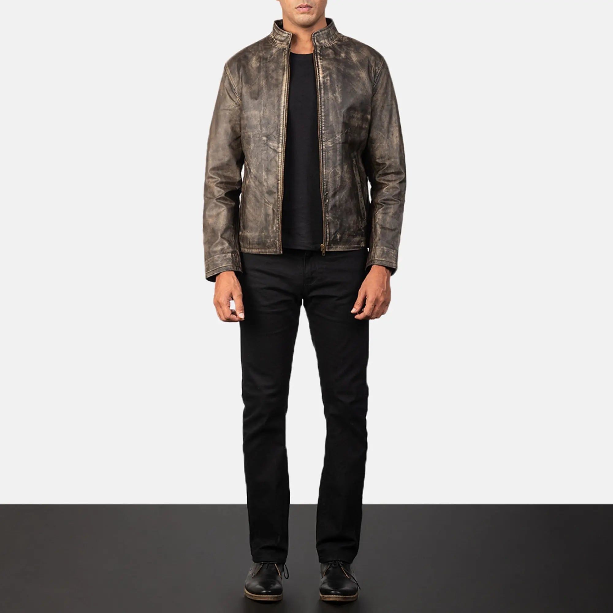 Alex brown distressed biker jacket front vintage style look