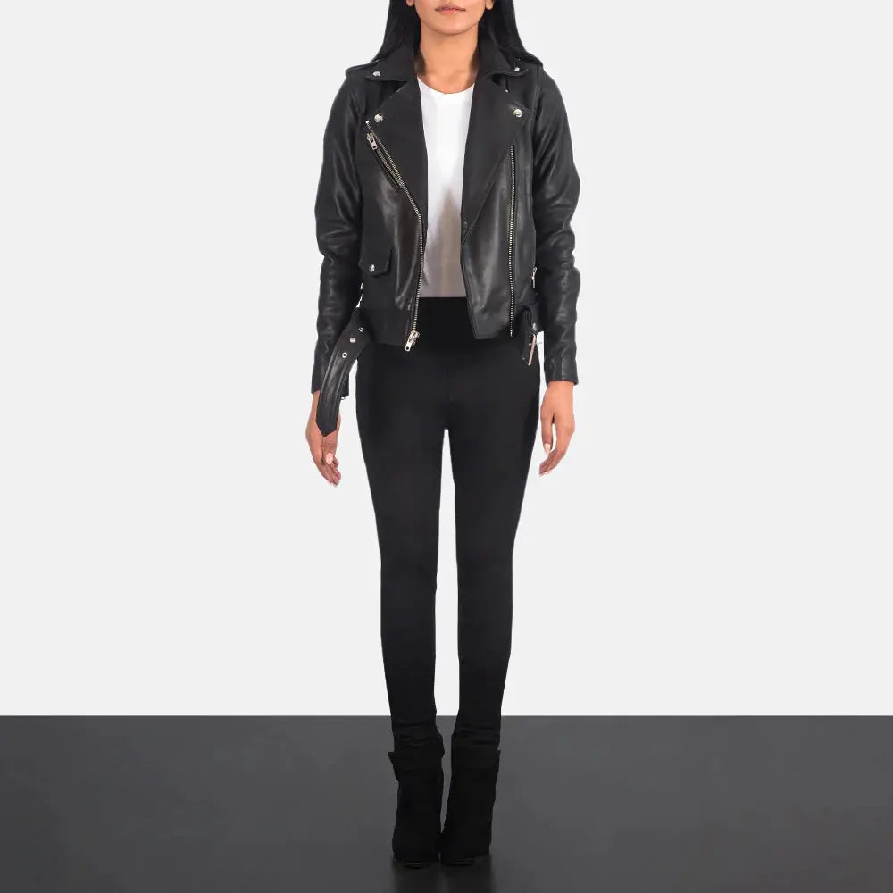 Alison black leather biker jacket front view