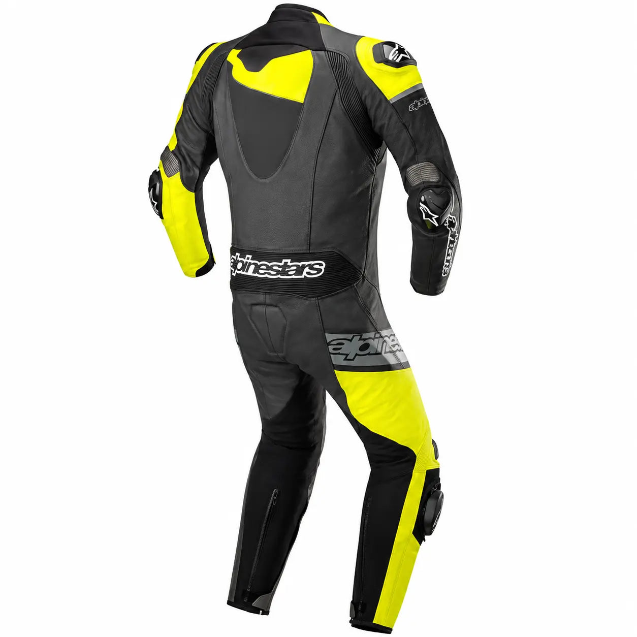 One-piece motorcycle racing suit featuring fluorescent green accents and race-fit constructio