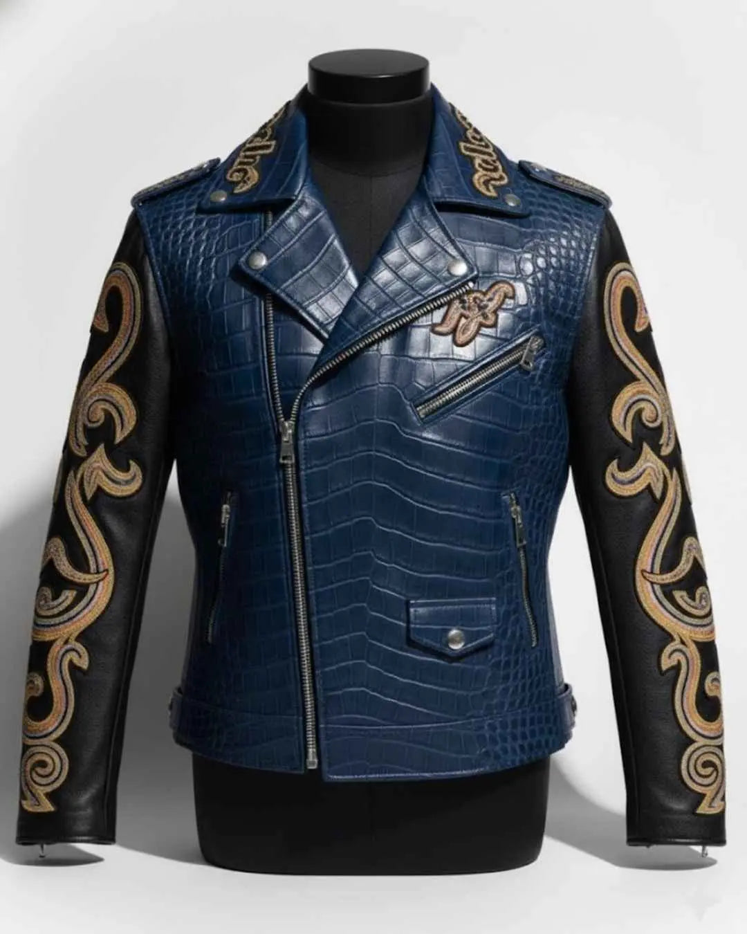 PelleChicโข Blue Croco-Embossed Biker Jacket โ Elite โMโ Edition 1986 Luxury Series