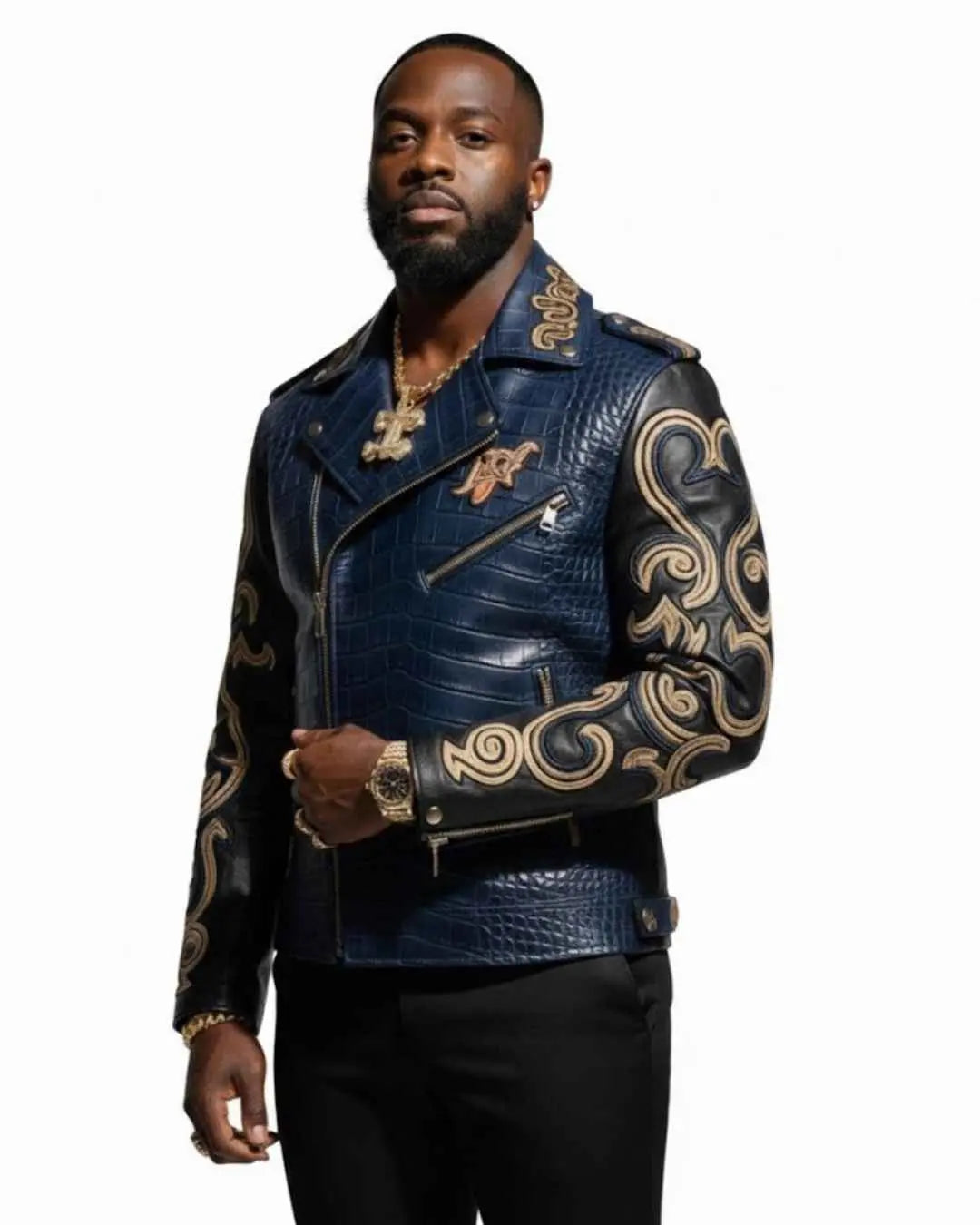 PelleChic™ Blue Croco-Embossed Biker Jacket – Elite “M” Edition 1986 Luxury Series (Copy)