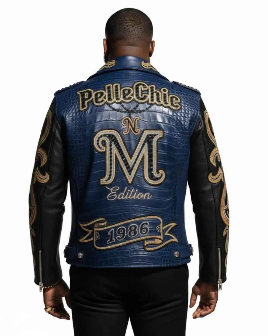 PelleChic™ Blue Croco-Embossed Biker Jacket – Elite “M” Edition 1986 Luxury Series (Copy)