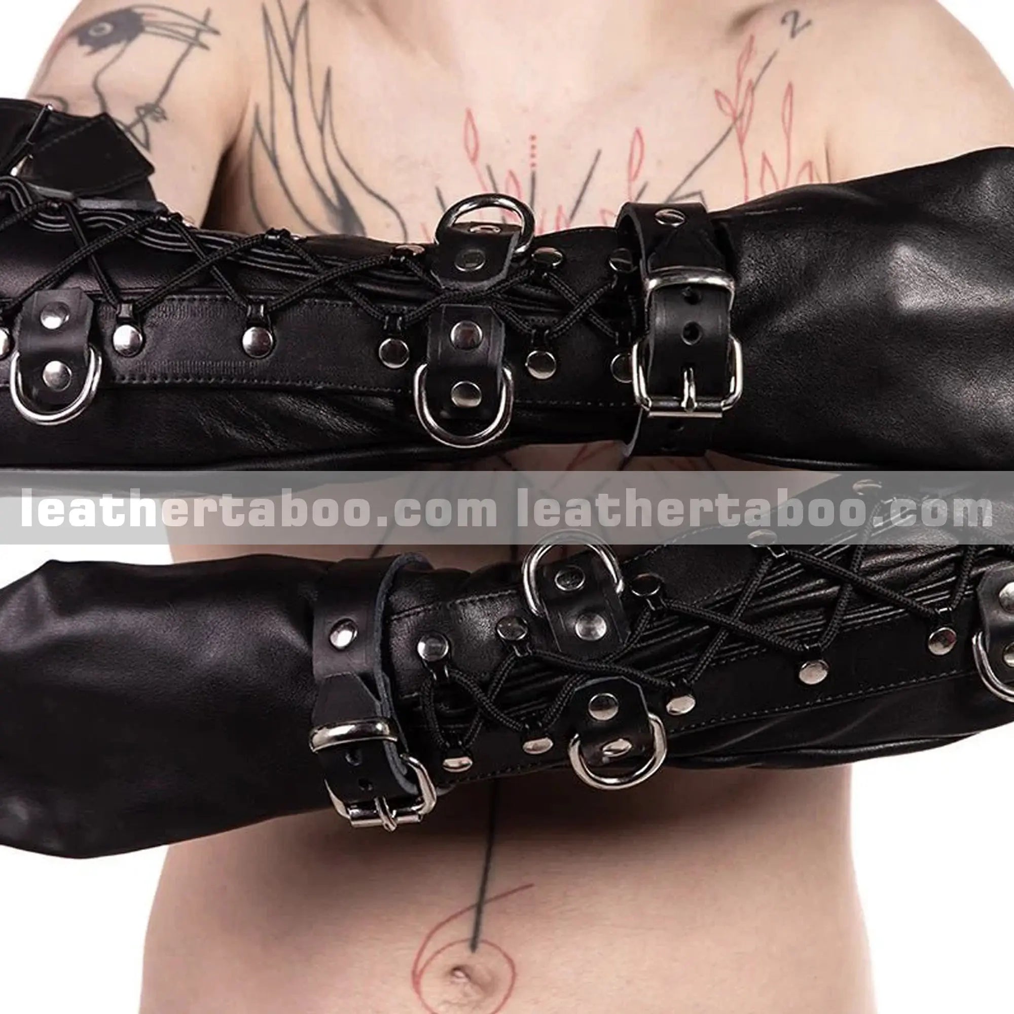 Premium Cowhide Leather Full Arm Bondage Sleeves with Buckles & D-Rings - Leather taboo