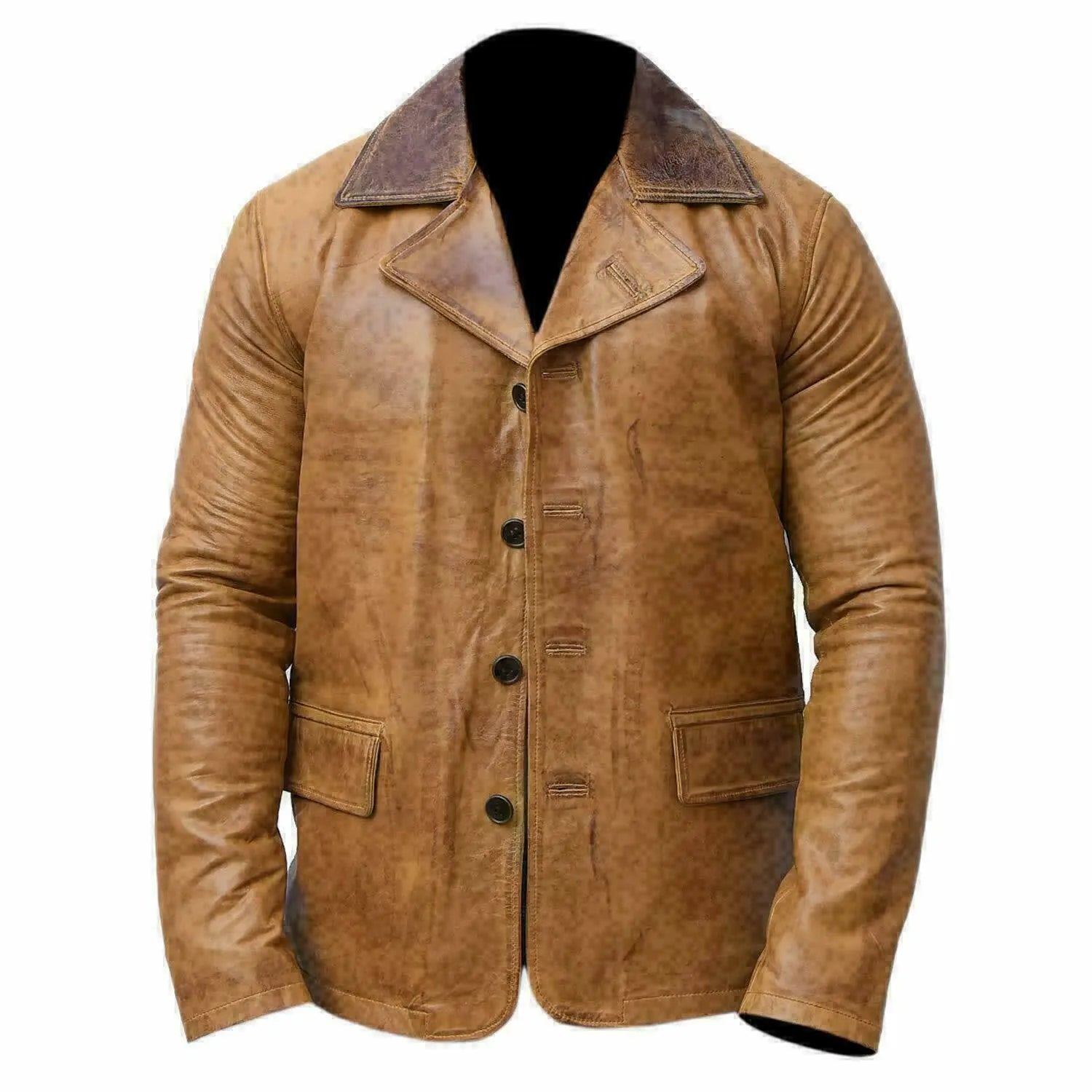 Arthur Morgan inspired brown leather biker coat front view