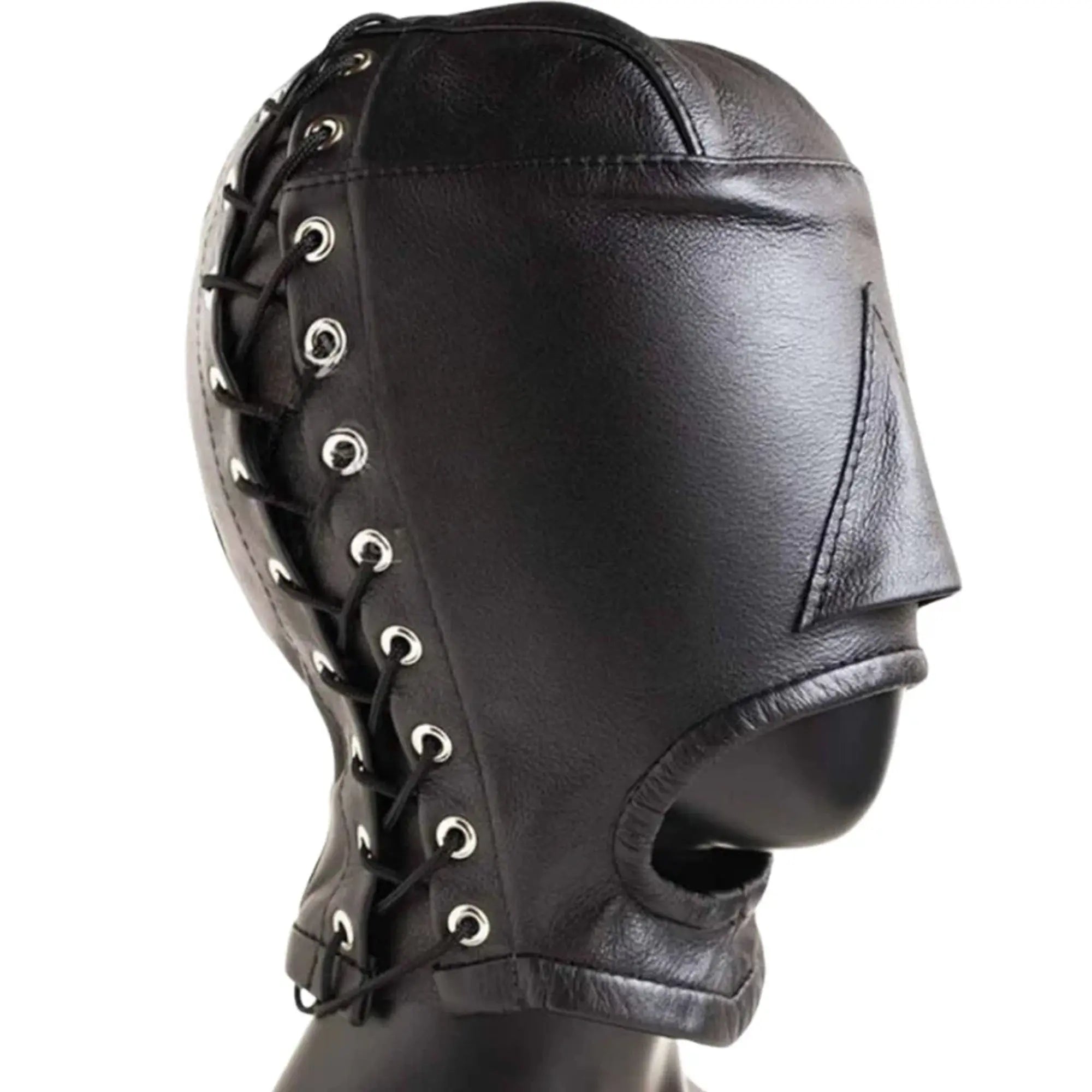 BDSM Open Mouth Real Leather Hood – Soft, Black Bondage Mask for Sensory Play - Leather taboo