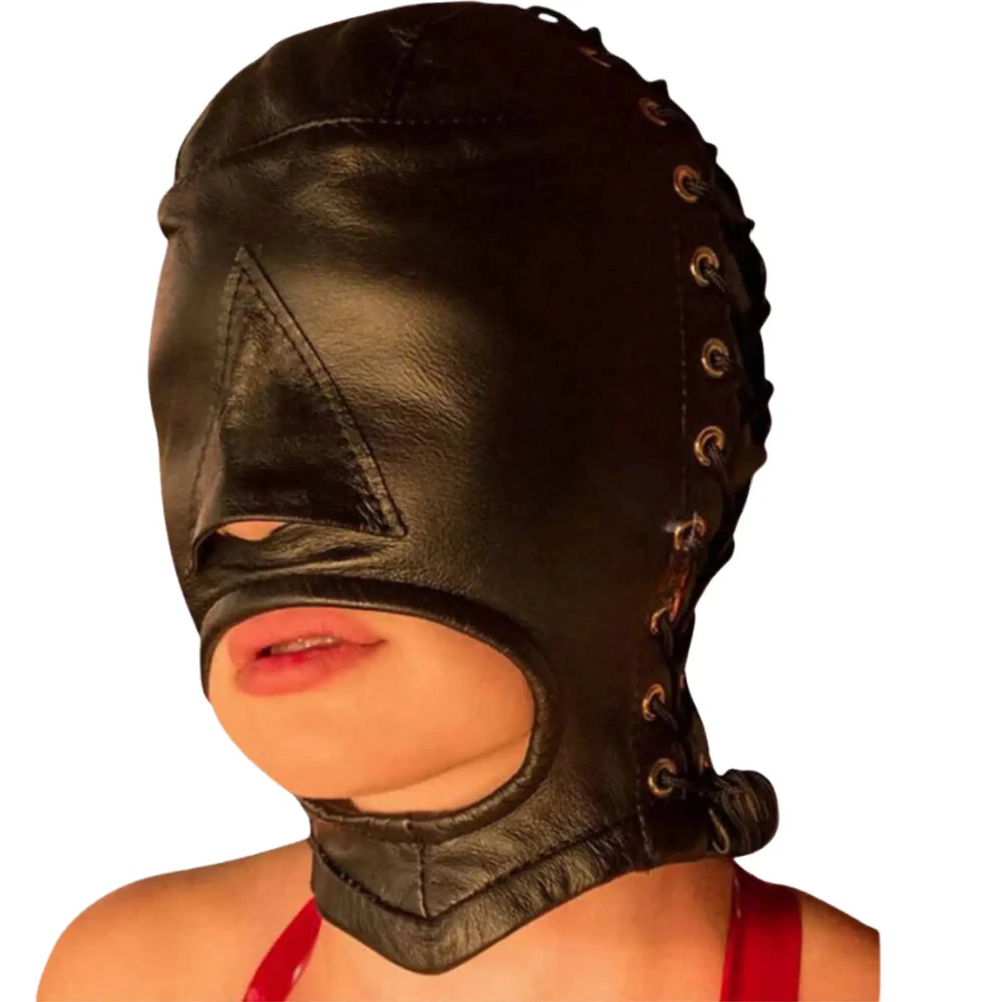 BDSM Open Mouth Real Leather Hood – Soft, Black Bondage Mask for Sensory Play - Leather taboo