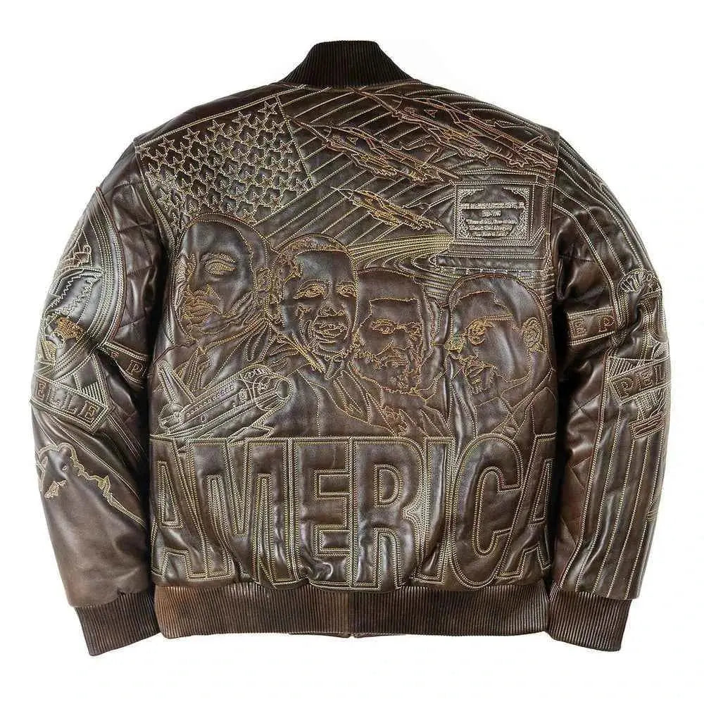Pelle Pelle America quilted genuine leather jacket with statement streetwear artwork, detailed product view 1