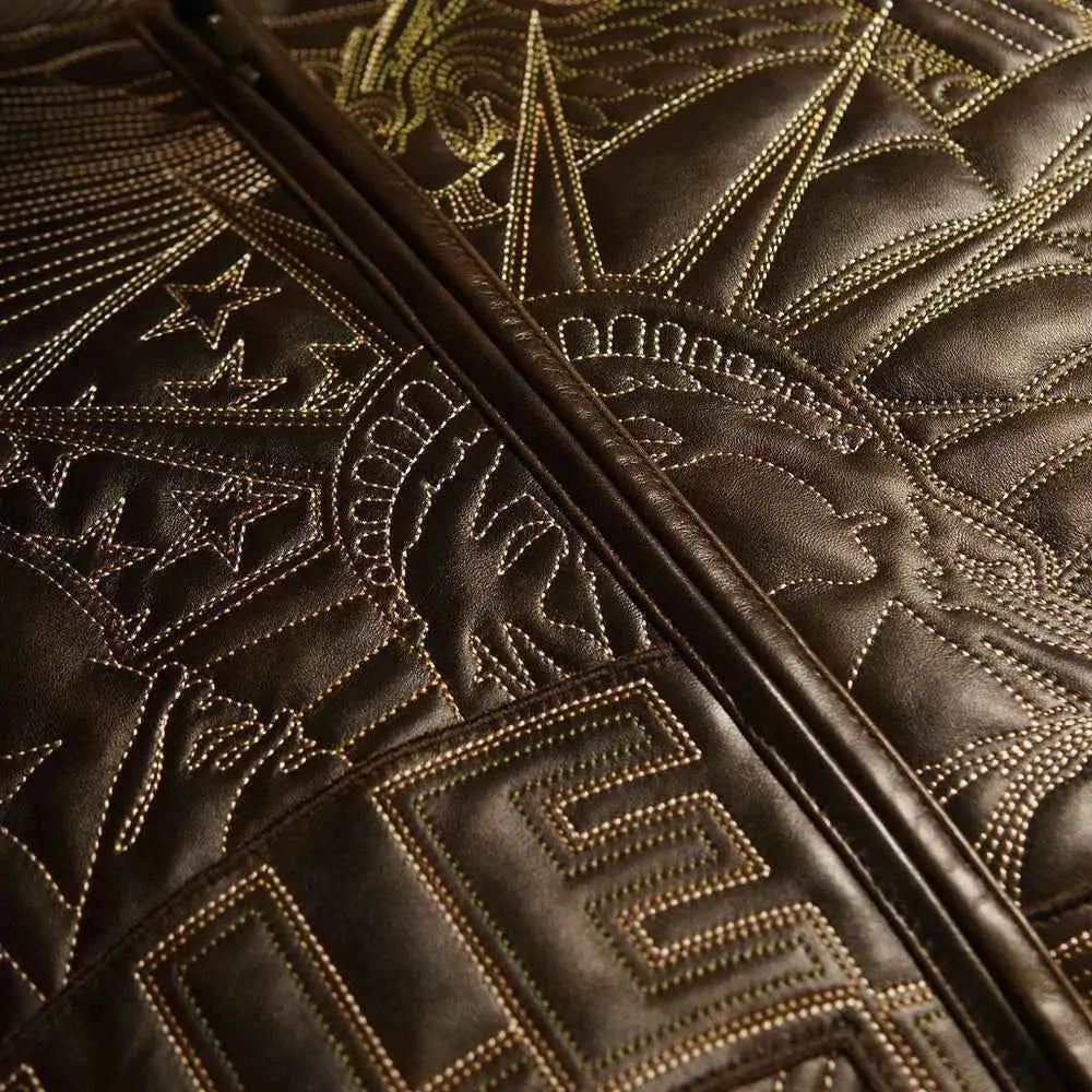 Pelle Pelle America quilted genuine leather jacket with statement streetwear artwork, detailed product view 6