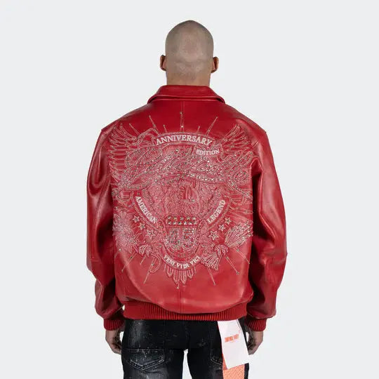 Back side of Pelle Pelle American Legend Red Leather Jacket featuring embroidered anniversary graphics and luxury detailing