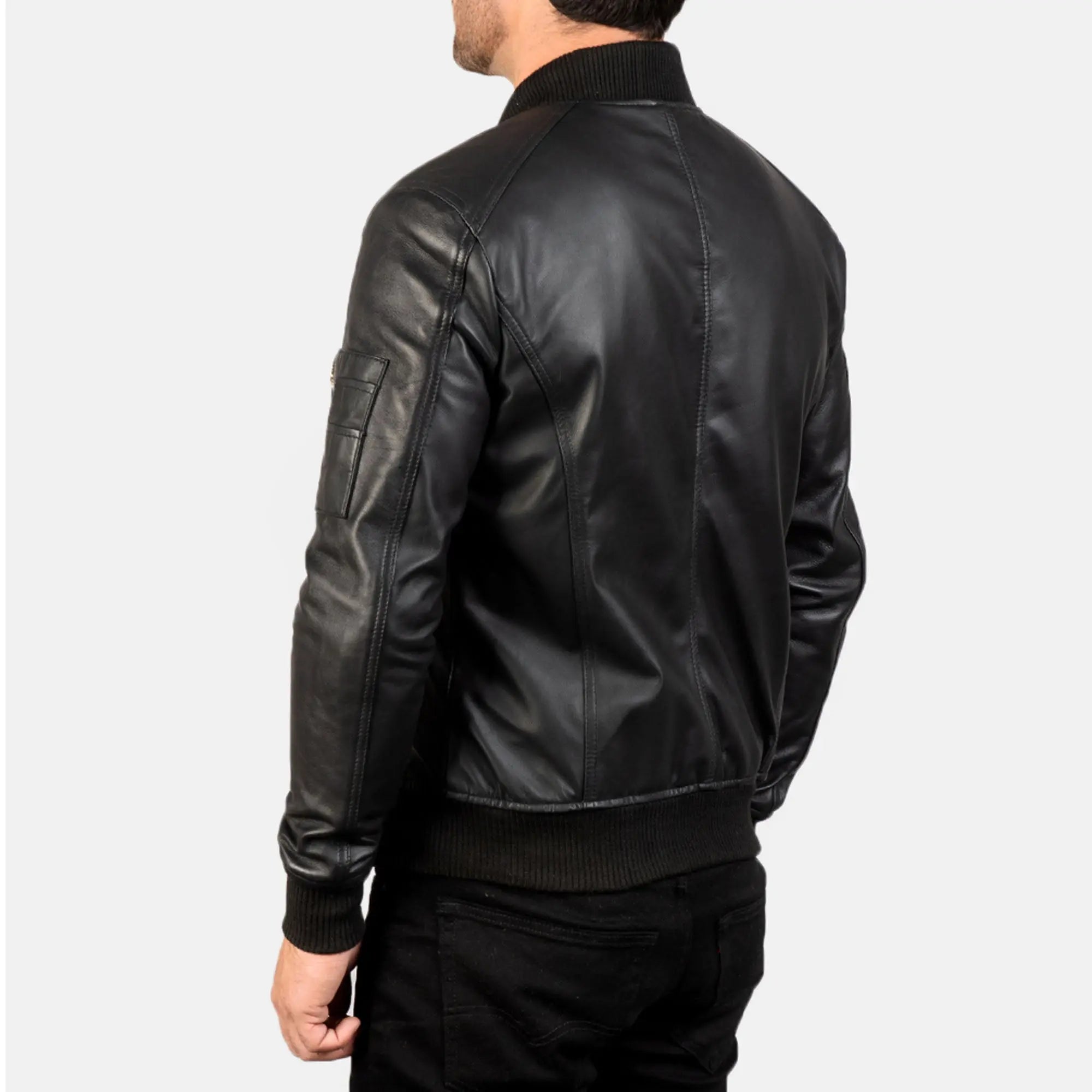 Back view MA-1 bomber jacket men black leather fashion
