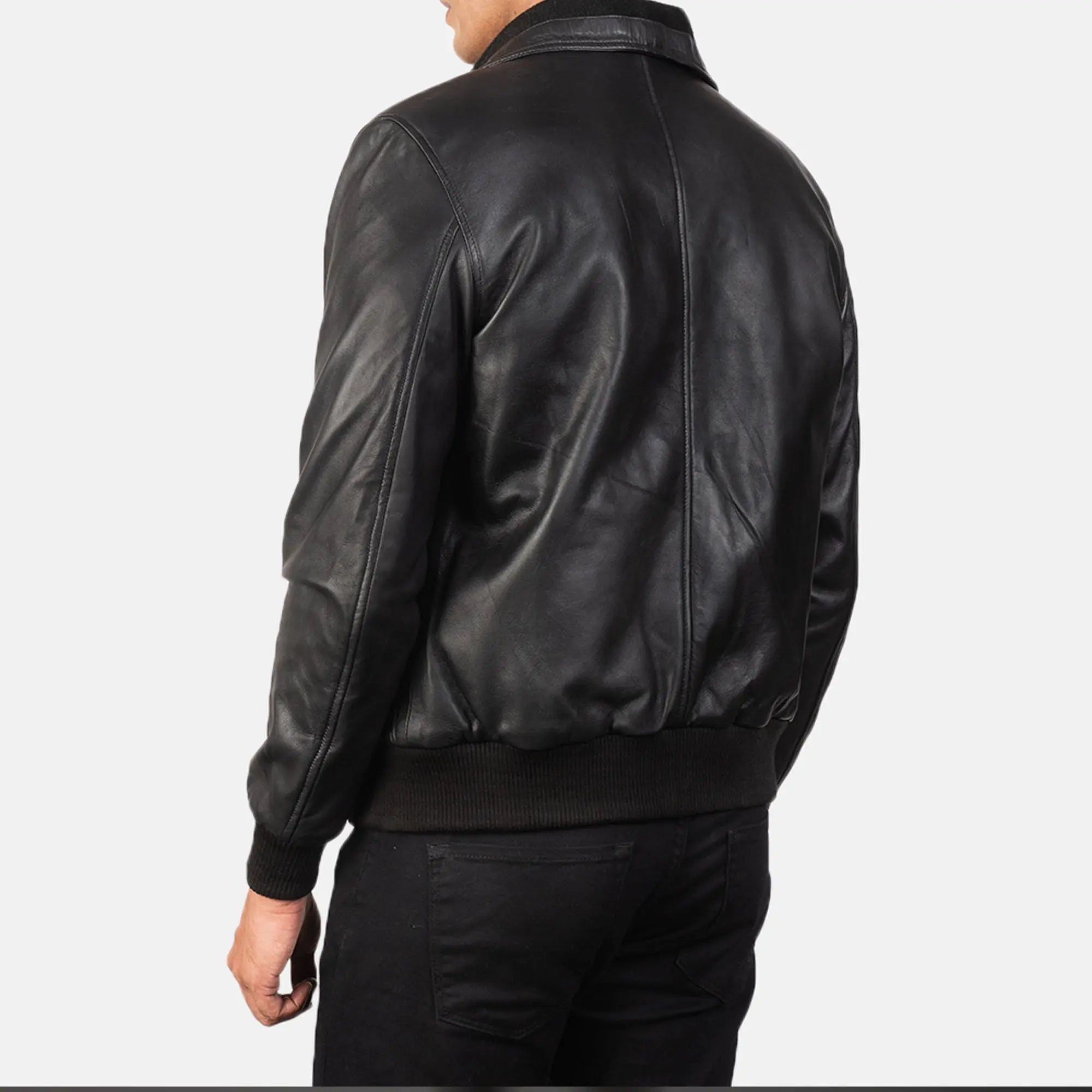 Back view black bomber leather jacket men fashion look