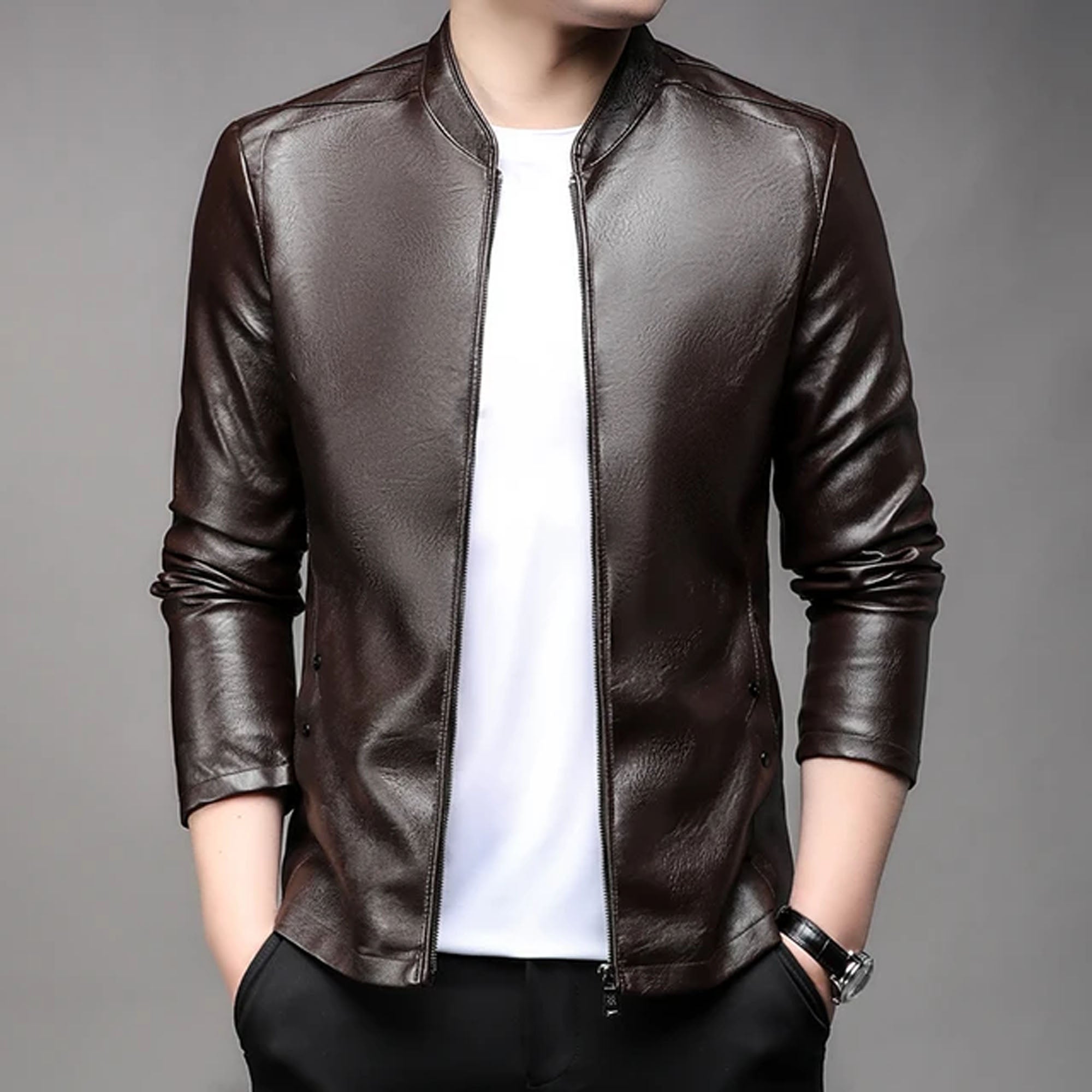 Back view men premium leather motorcycle jacket style HD
