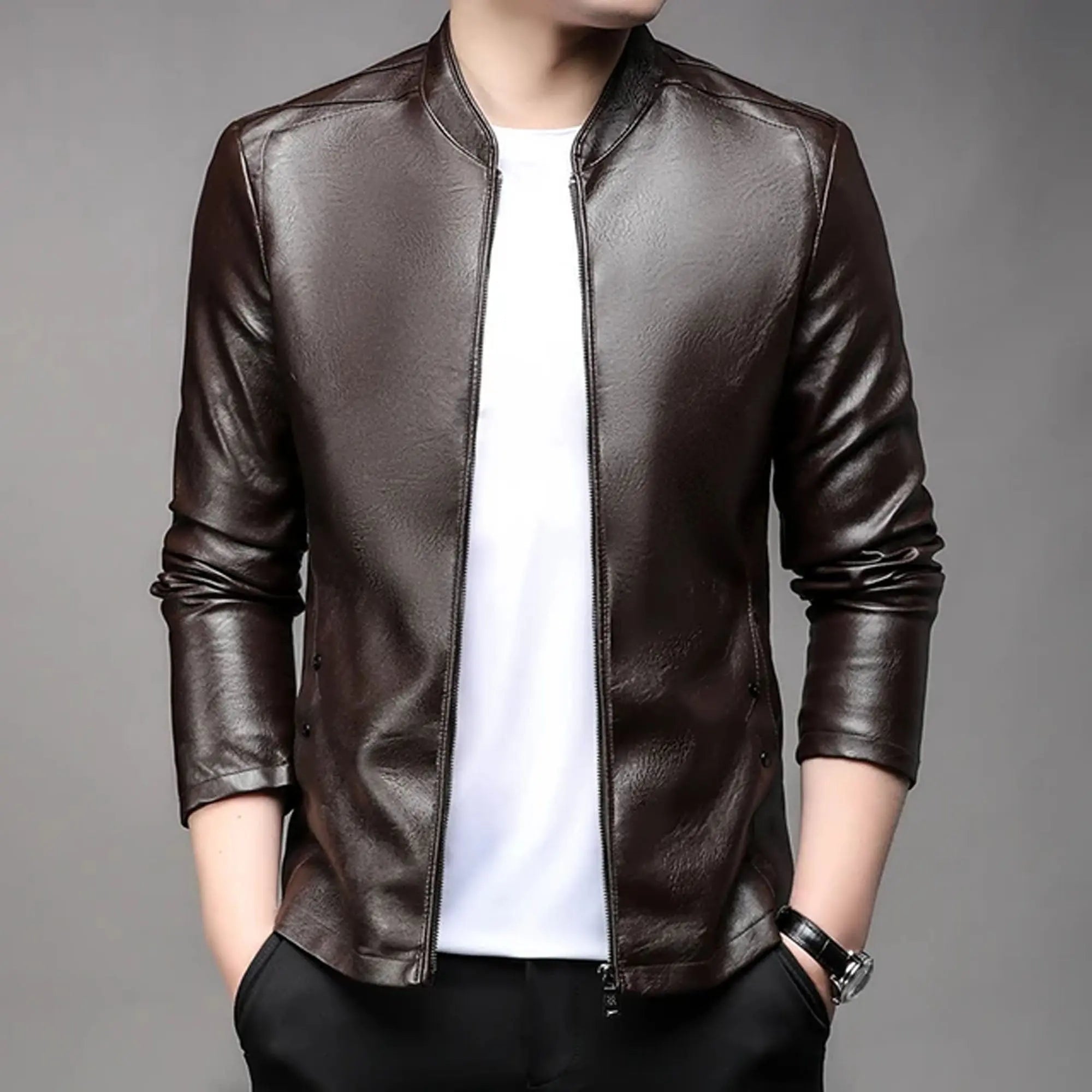 Back view men premium leather motorcycle jacket style HD